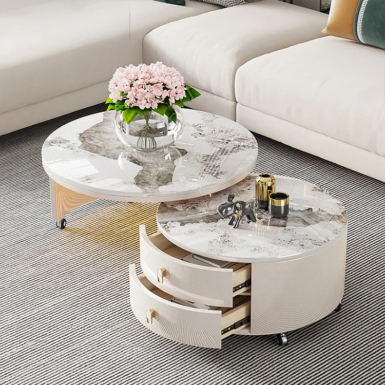 Modern Round Coffee Table with Sintered Stone Top and Solid Wood Base - Stylish Living Room Furniture fxxrj-3158