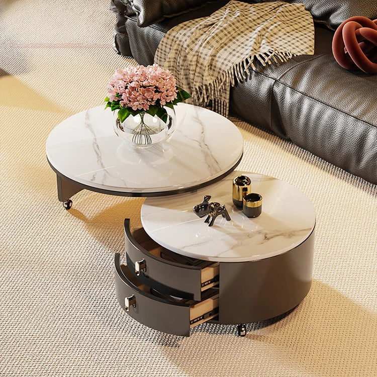 Modern Round Coffee Table with Sintered Stone Top and Solid Wood Base - Stylish Living Room Furniture fxxrj-3158