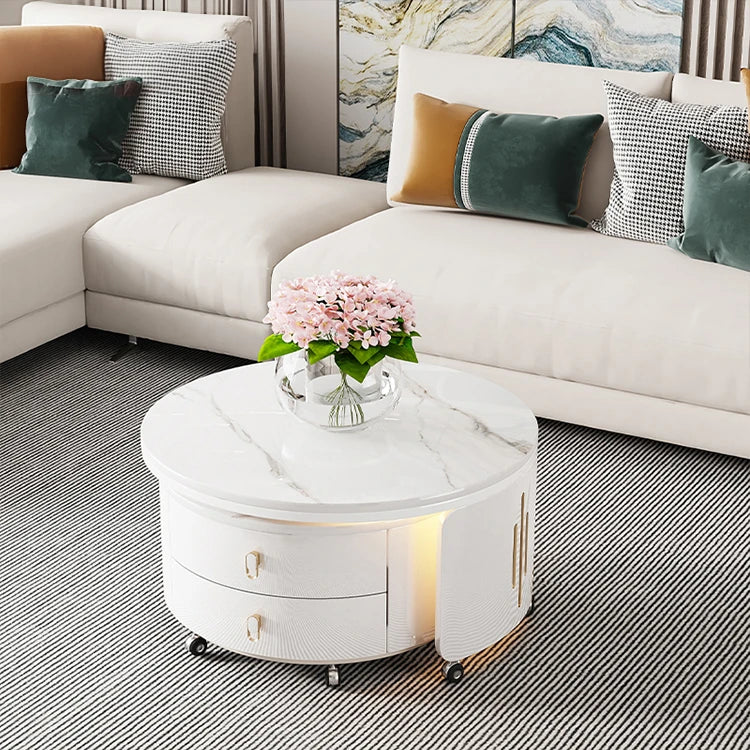 Modern Round Coffee Table with Sintered Stone Top and Solid Wood Base - Stylish Living Room Furniture fxxrj-3158