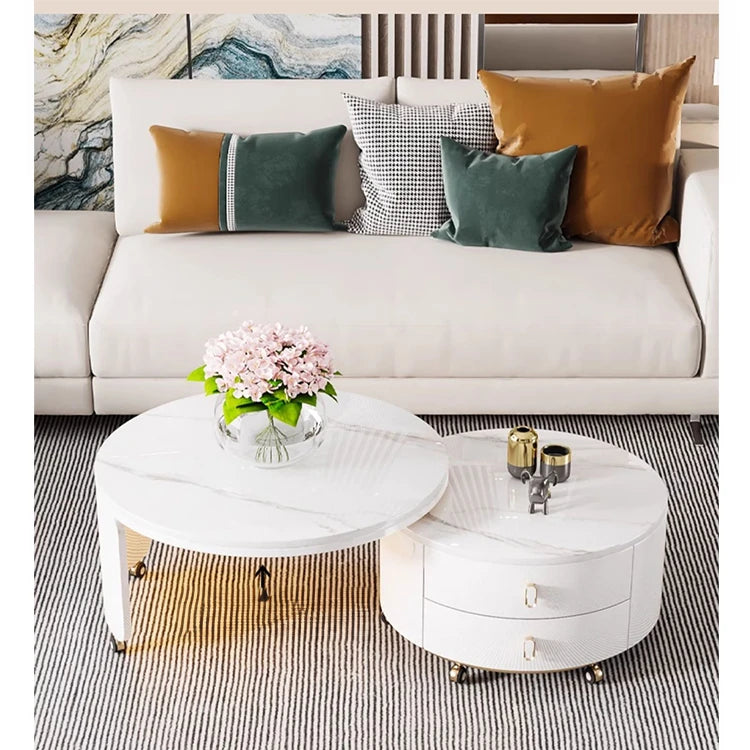 Modern Round Coffee Table with Sintered Stone Top and Solid Wood Base - Stylish Living Room Furniture fxxrj-3158