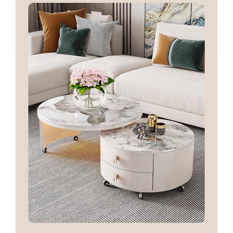 Modern Round Coffee Table with Sintered Stone Top and Solid Wood Base - Stylish Living Room Furniture fxxrj-3158