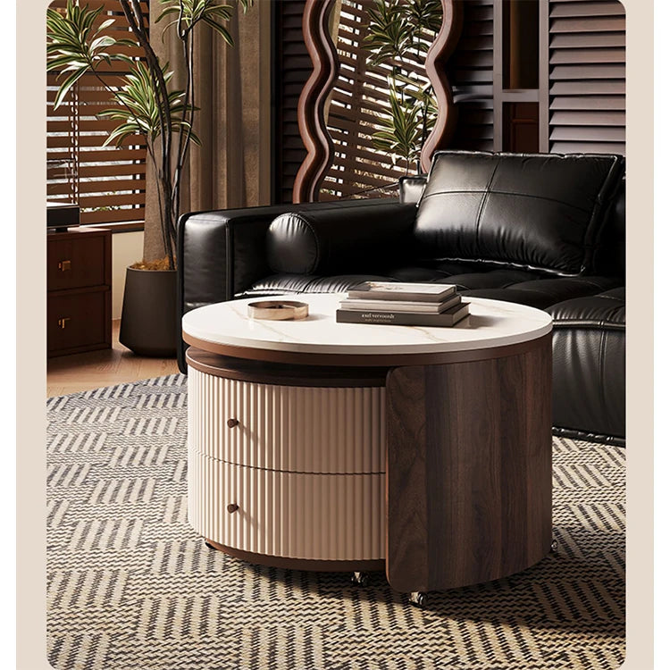 Modern Round Coffee Table with Sintered Stone Top and Solid Wood Base - Stylish Living Room Furniture fxxrj-3158