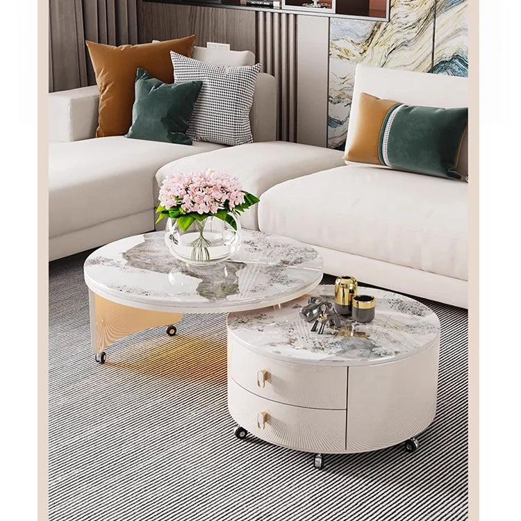 Modern Round Coffee Table with Sintered Stone Top and Solid Wood Base - Stylish Living Room Furniture fxxrj-3158