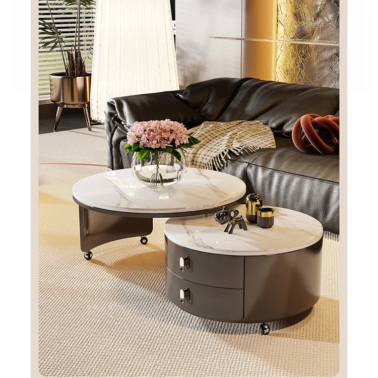 Modern Round Coffee Table with Sintered Stone Top and Solid Wood Base - Stylish Living Room Furniture fxxrj-3158
