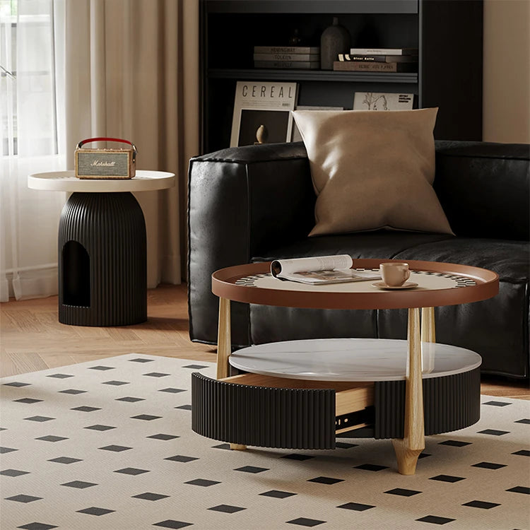 Modern Sintered Stone and Solid Wood Coffee Table Set - Stylish Living Room Accent with Checkered Design fxxrj-3160