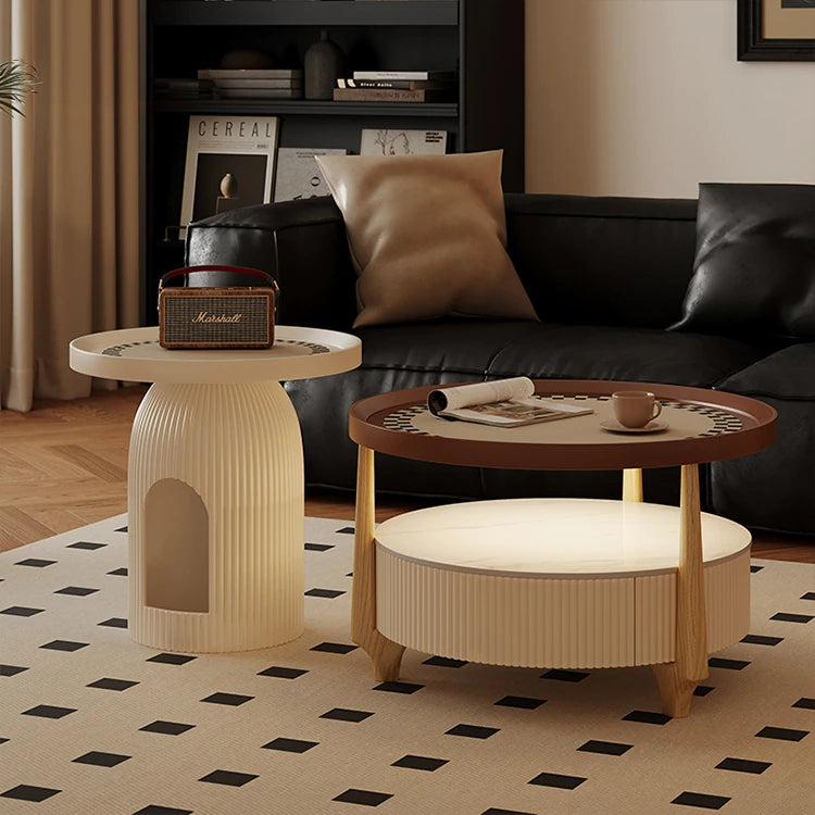 Modern Sintered Stone and Solid Wood Coffee Table Set - Stylish Living Room Accent with Checkered Design fxxrj-3160