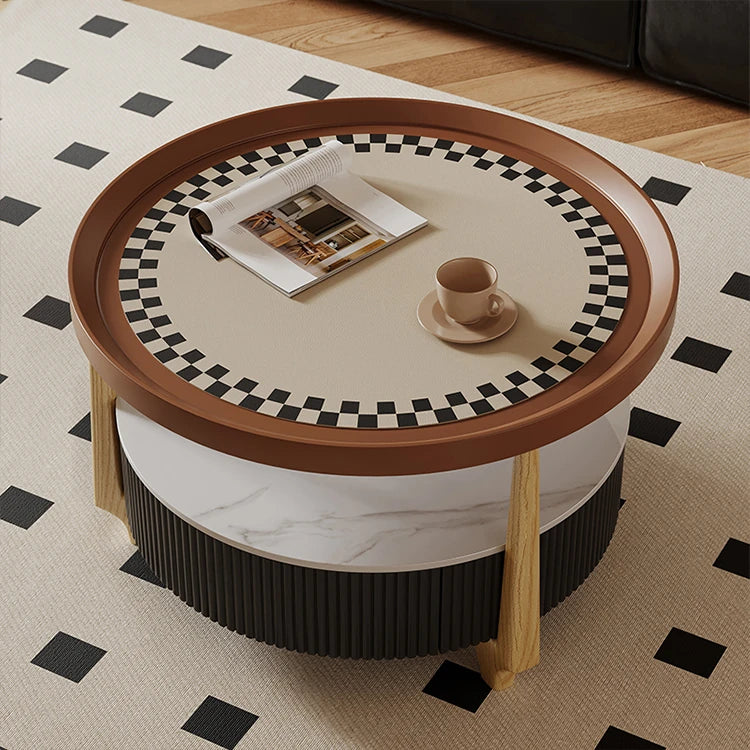 Modern Sintered Stone and Solid Wood Coffee Table Set - Stylish Living Room Accent with Checkered Design fxxrj-3160