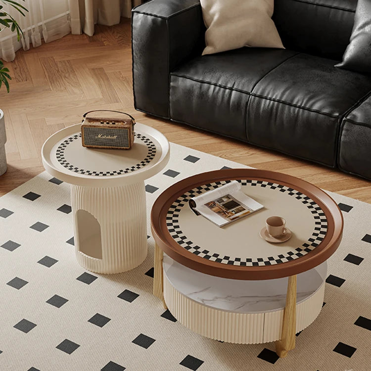 Modern Sintered Stone and Solid Wood Coffee Table Set - Stylish Living Room Accent with Checkered Design fxxrj-3160