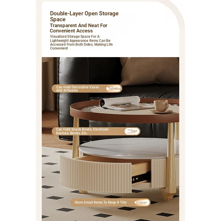 Modern Sintered Stone and Solid Wood Coffee Table Set - Stylish Living Room Accent with Checkered Design fxxrj-3160