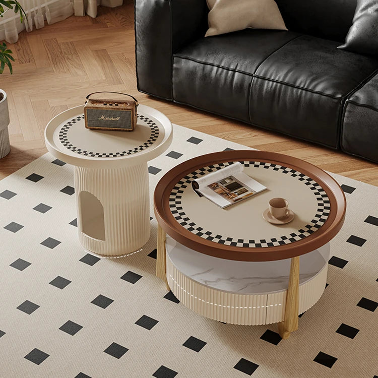 Modern Sintered Stone and Solid Wood Coffee Table Set - Stylish Living Room Accent with Checkered Design fxxrj-3160
