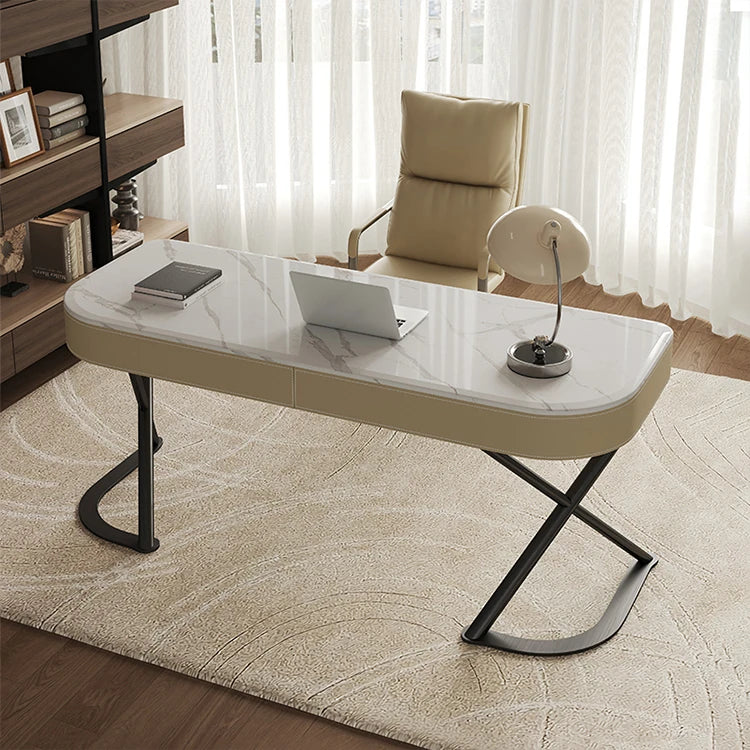 Stylish Multi-Layer Board Desk with Marble Pine Finish and Synthetic Leather Accents for Modern Workspaces fyd-5174