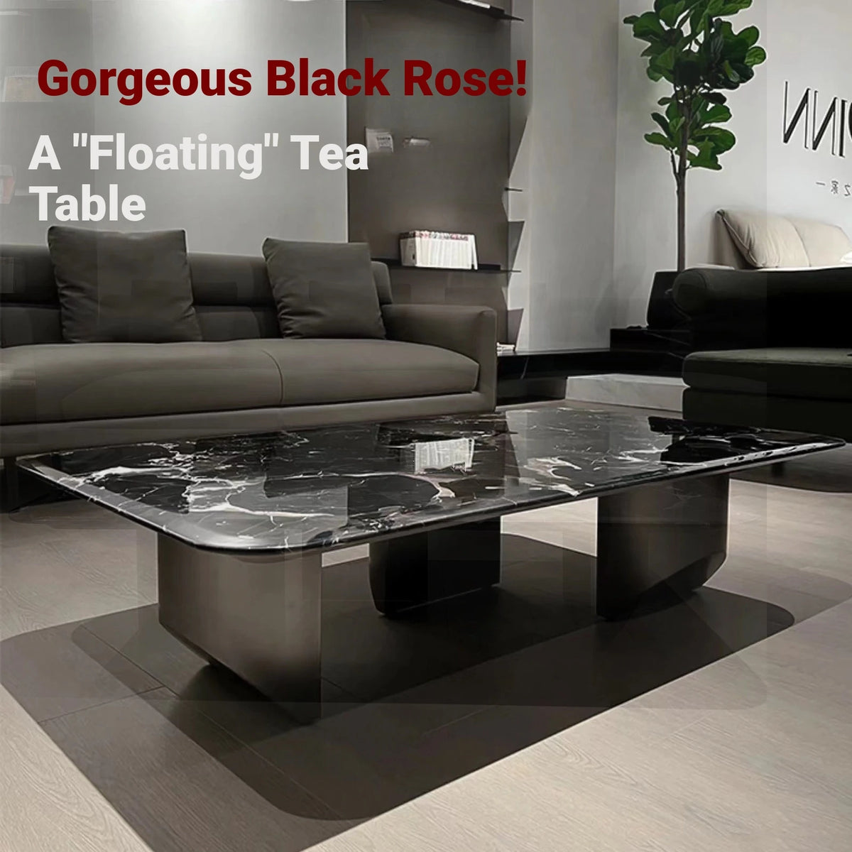 Elegant Black Marble Tea Table – Modern Floating Design with Stainless Steel Accents and Multi-Layer Board Base fyeyj-5212