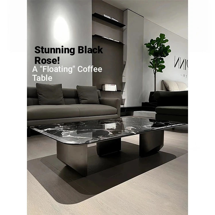 Elegant Black Marble Tea Table – Modern Floating Design with Stainless Steel Accents and Multi-Layer Board Base fyeyj-5212