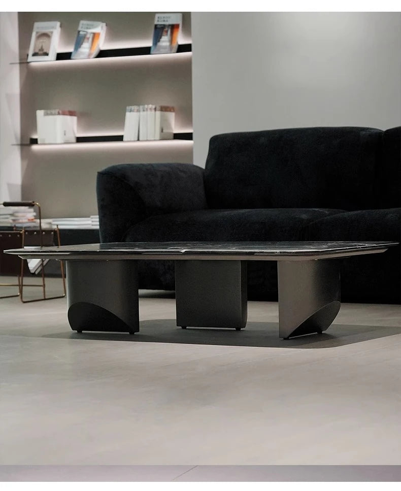 Elegant Black Marble Tea Table – Modern Floating Design with Stainless Steel Accents and Multi-Layer Board Base fyeyj-5212