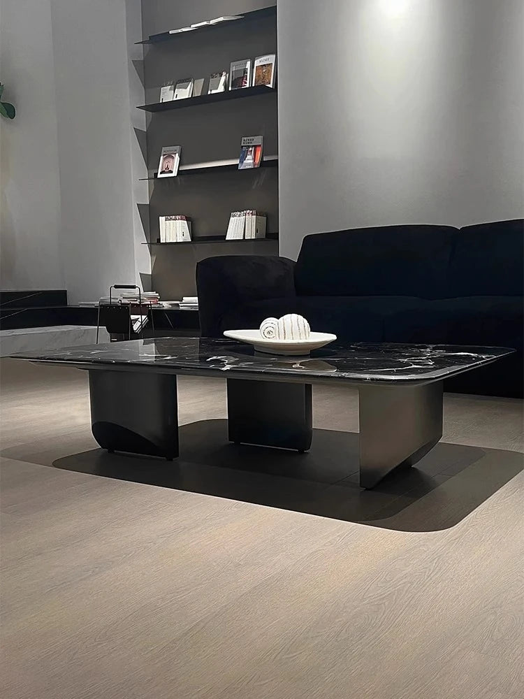 Elegant Black Marble Tea Table – Modern Floating Design with Stainless Steel Accents and Multi-Layer Board Base fyeyj-5212