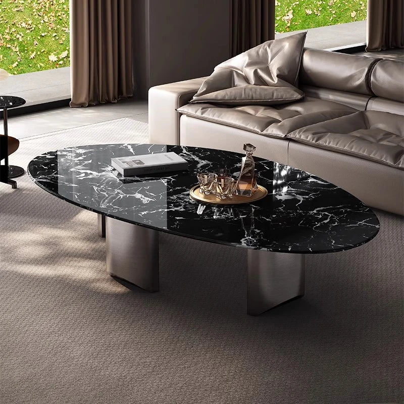 Elegant Black Marble Coffee Table with Stainless Steel Base - Modern Home Decor fyeyj-5218