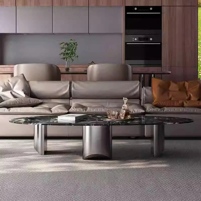 Elegant Black Marble Coffee Table with Stainless Steel Base - Modern Home Decor fyeyj-5218
