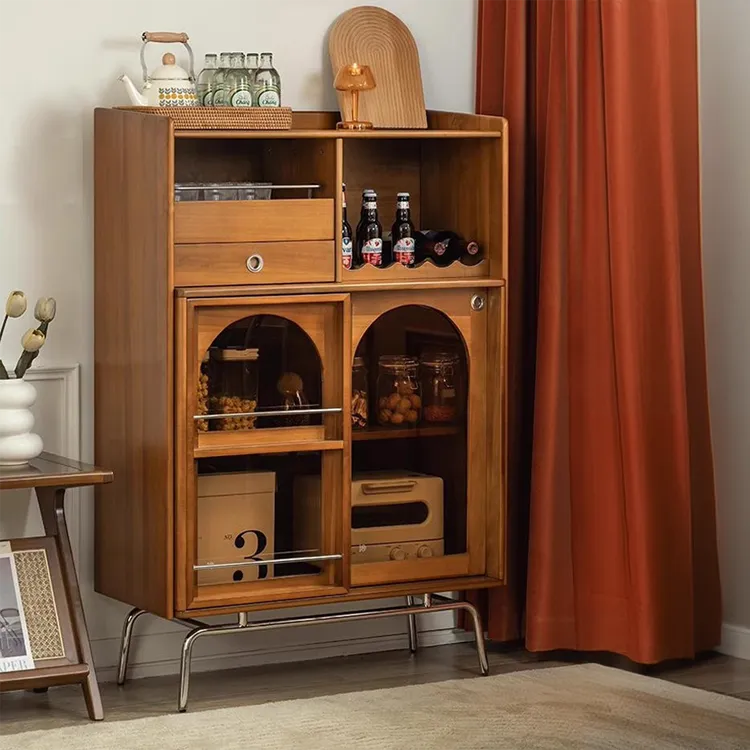 Solid Wood Cabinet with Glass Doors and Stainless Steel Accents - Elegant Home Storage Solution fyf-2237