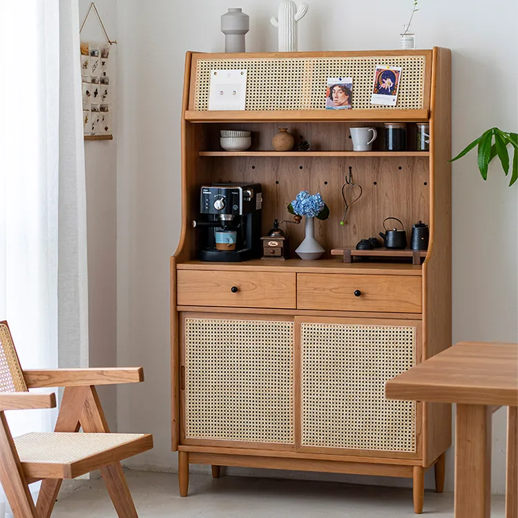 Elegant Solid Wood Cabinet with Rattan & Glass Doors for Stylish Storage fyf-2240
