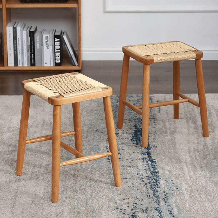 Handcrafted Cherry Wood Stool with Rattan Seat and Linen Cushion fyg-662