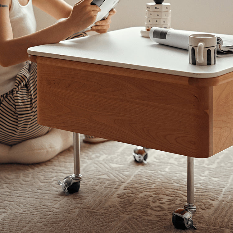 Elegant White Tea Table with Natural Wood & Sintered Stone Top – Cherry Wood & Stainless Steel Frame fyg-665