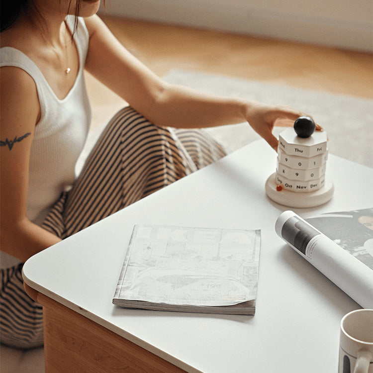 Elegant White Tea Table with Natural Wood & Sintered Stone Top – Cherry Wood & Stainless Steel Frame fyg-665