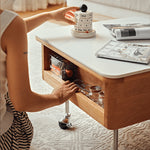 Elegant White Tea Table with Natural Wood & Sintered Stone Top – Cherry Wood & Stainless Steel Frame fyg-665