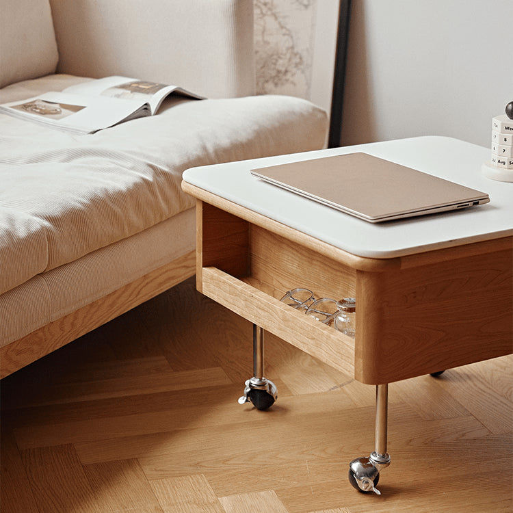Elegant White Tea Table with Natural Wood & Sintered Stone Top – Cherry Wood & Stainless Steel Frame fyg-665