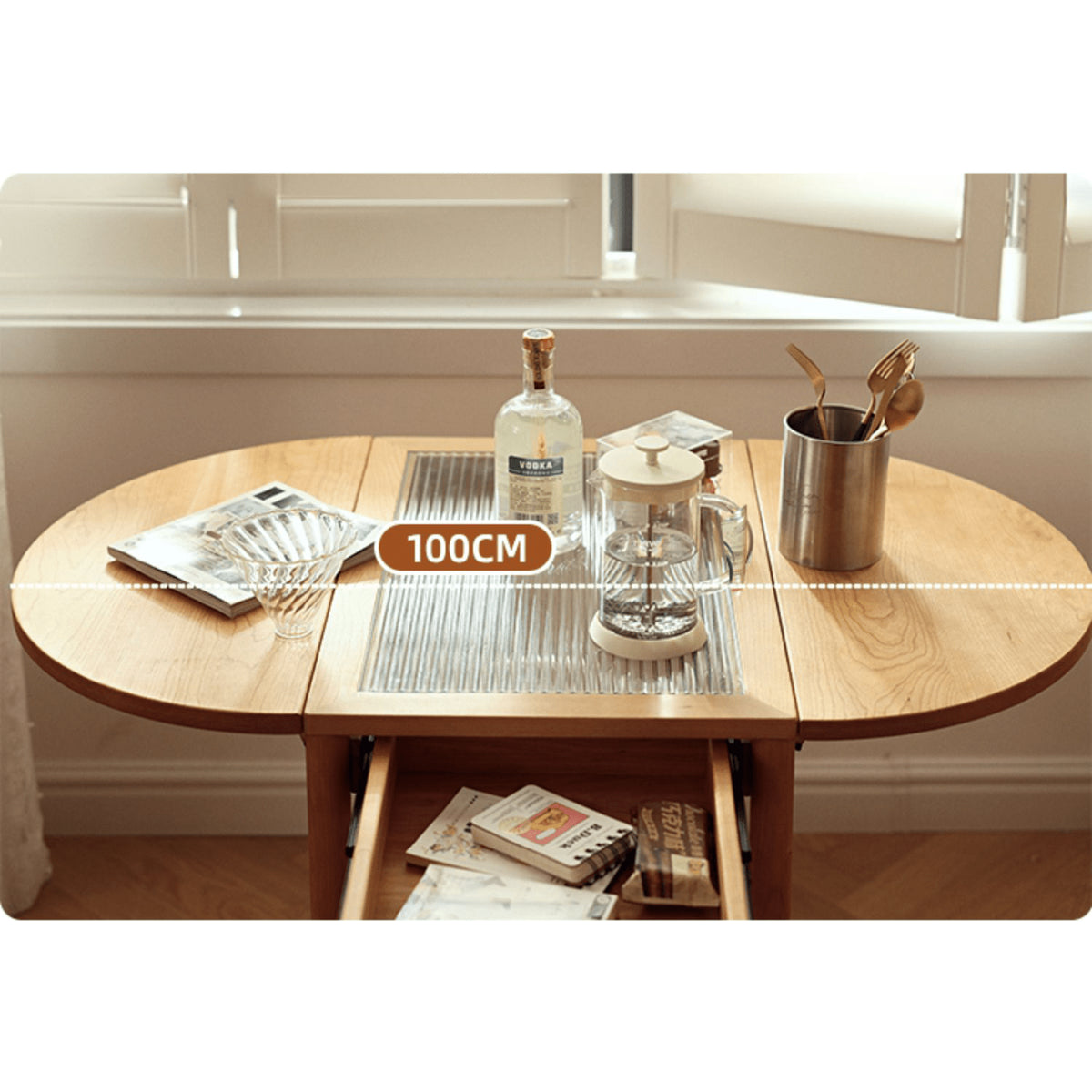 Stylish Light Oak Wood Tea Table with Metal and Nylon Accents - Natural Brown Finish fyg-666