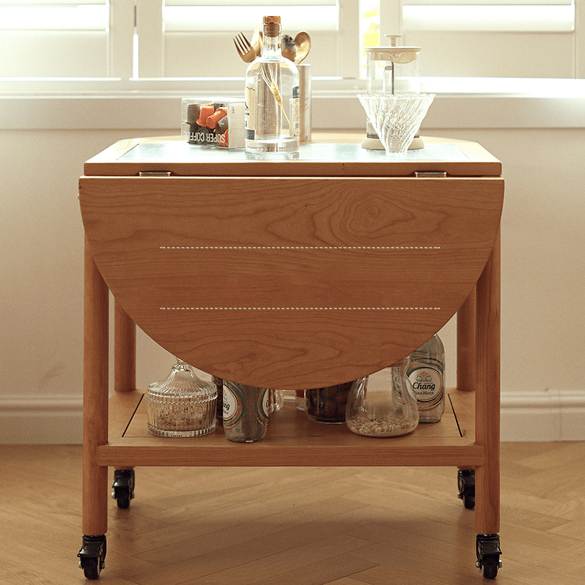 Stylish Light Oak Wood Tea Table with Metal and Nylon Accents - Natural Brown Finish fyg-666