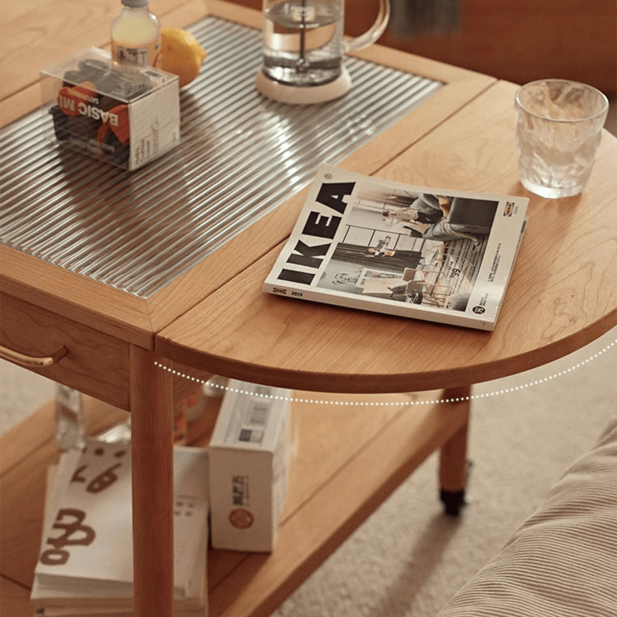 Stylish Light Oak Wood Tea Table with Metal and Nylon Accents - Natural Brown Finish fyg-666