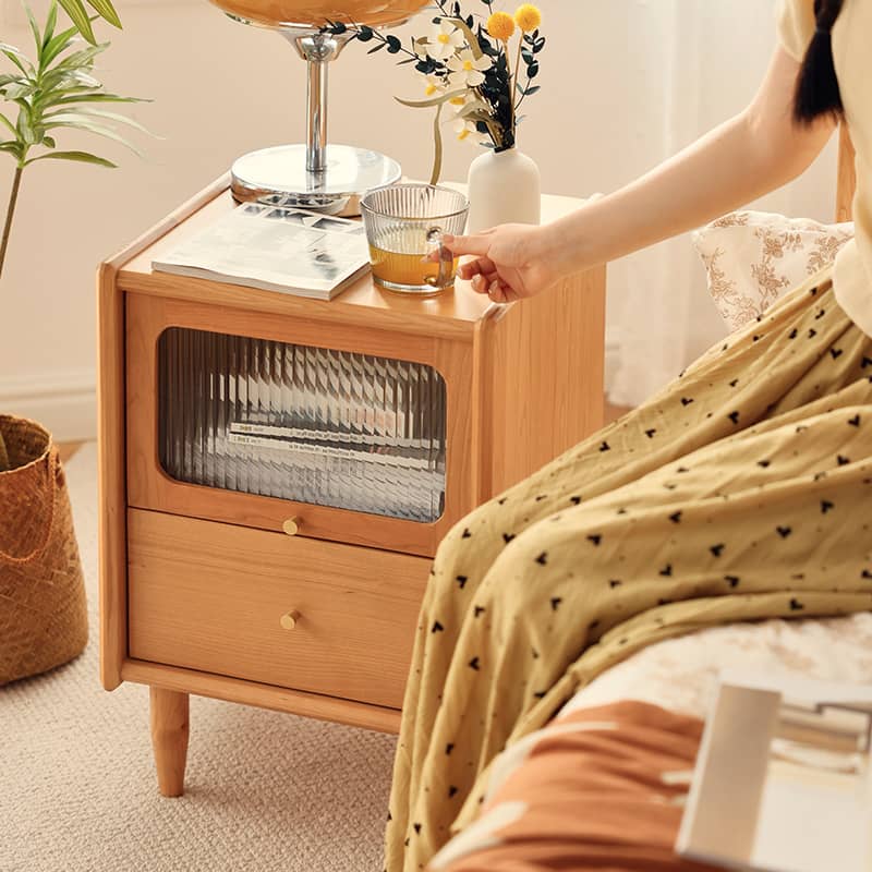 Elegant Bedside Cupboard with Glass Door - Cherry & Tung Wood Finish fyg-674