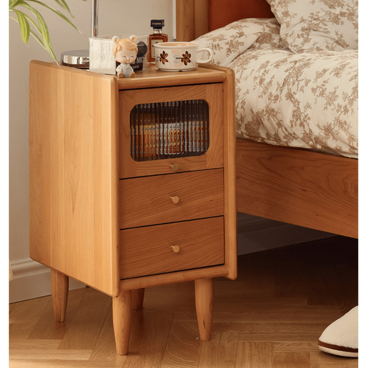 Elegant Bedside Cupboard with Glass Door - Cherry & Tung Wood Finish fyg-674
