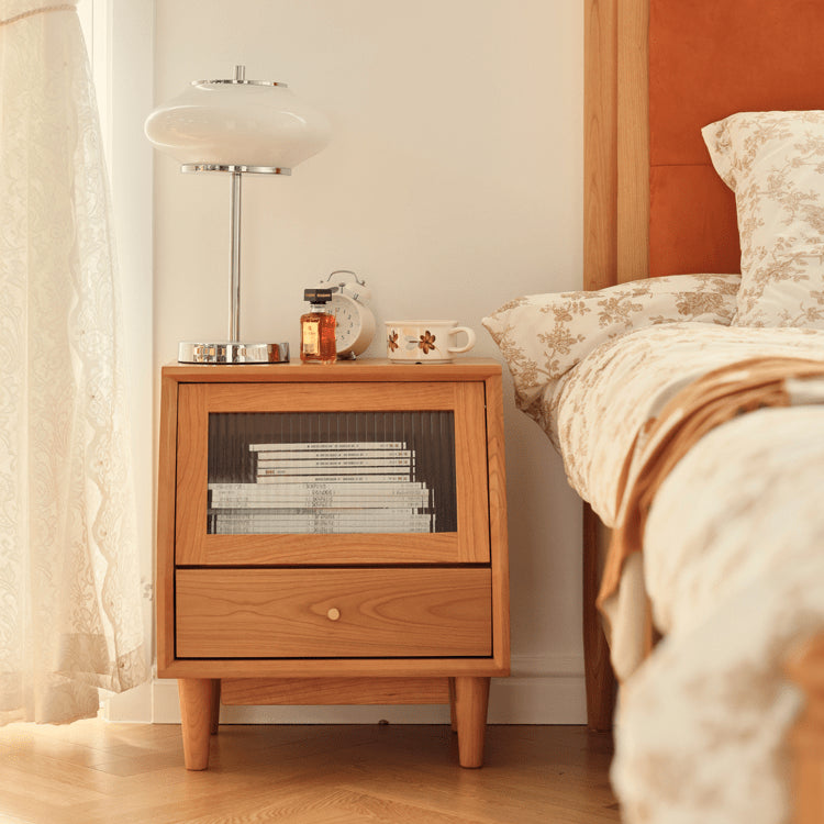 Elegant Cherry Wood Bedside Cupboard with Glass and Rattan Accents fyg-676