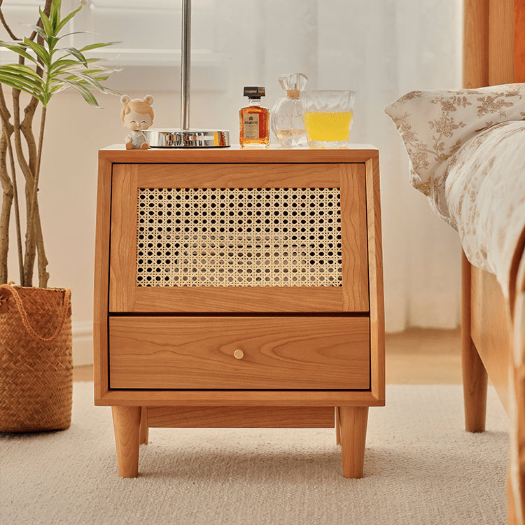 Elegant Cherry Wood Bedside Cupboard with Glass and Rattan Accents fyg-676