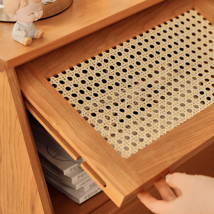 Elegant Cherry Wood Bedside Cupboard with Glass and Rattan Accents fyg-676