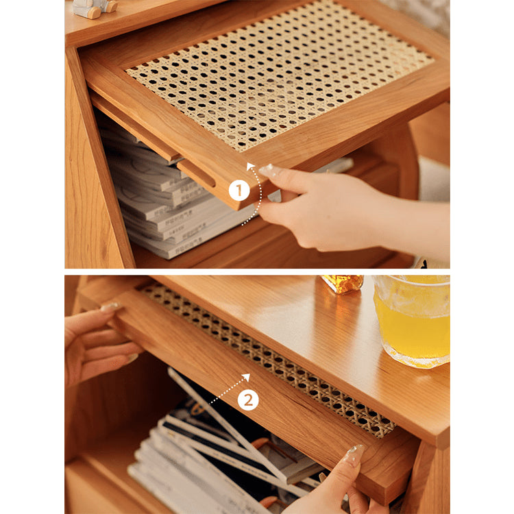 Elegant Cherry Wood Bedside Cupboard with Glass and Rattan Accents fyg-676