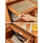 Elegant Cherry Wood Bedside Cupboard with Glass and Rattan Accents fyg-676