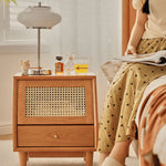 Elegant Cherry Wood Bedside Cupboard with Glass and Rattan Accents fyg-676