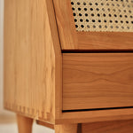 Elegant Cherry Wood Bedside Cupboard with Glass and Rattan Accents fyg-676