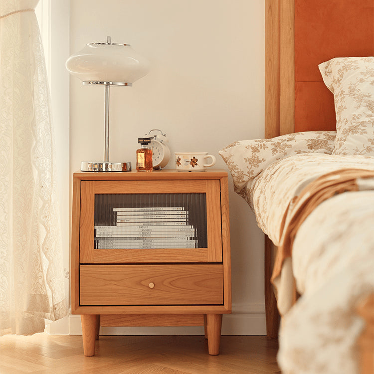 Elegant Cherry Wood Bedside Cupboard with Glass and Rattan Accents fyg-676