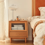 Elegant Cherry Wood Bedside Cupboard with Glass and Rattan Accents fyg-676
