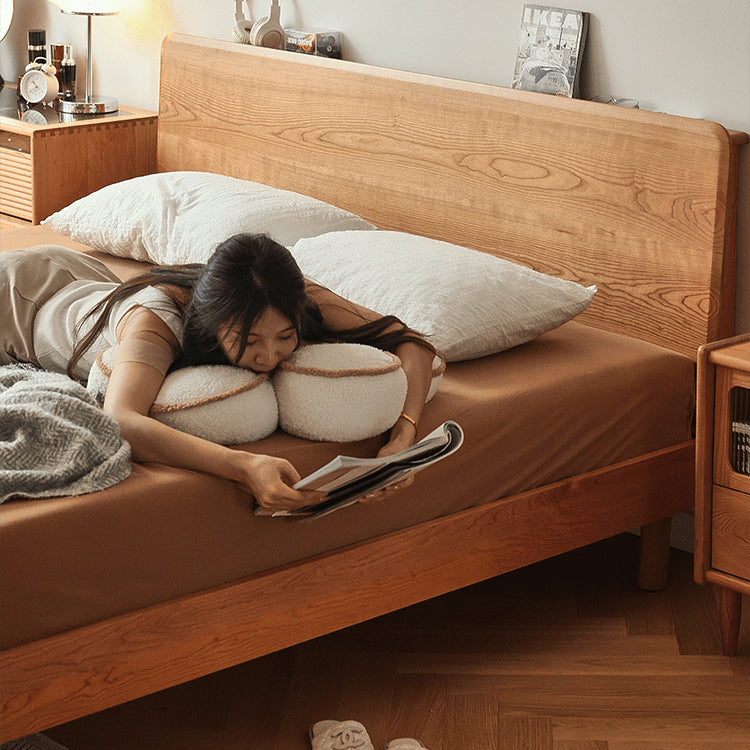 Handcrafted Cherry Wood and Pine Bed with Stainless Steel Accents - Luxurious Natural Finish fyg-677