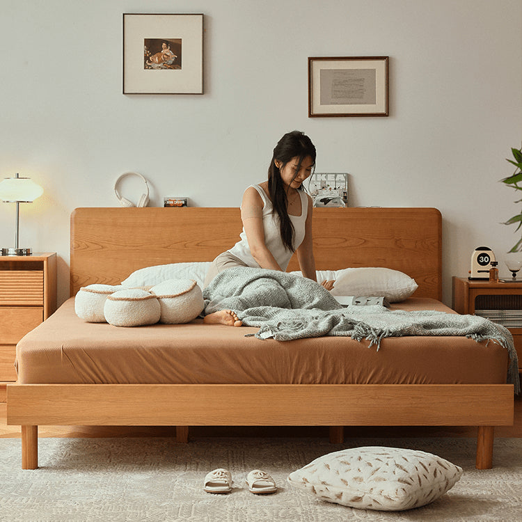 Handcrafted Cherry Wood and Pine Bed with Stainless Steel Accents - Luxurious Natural Finish fyg-677