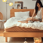 Handcrafted Cherry Wood and Pine Bed with Stainless Steel Accents - Luxurious Natural Finish fyg-677