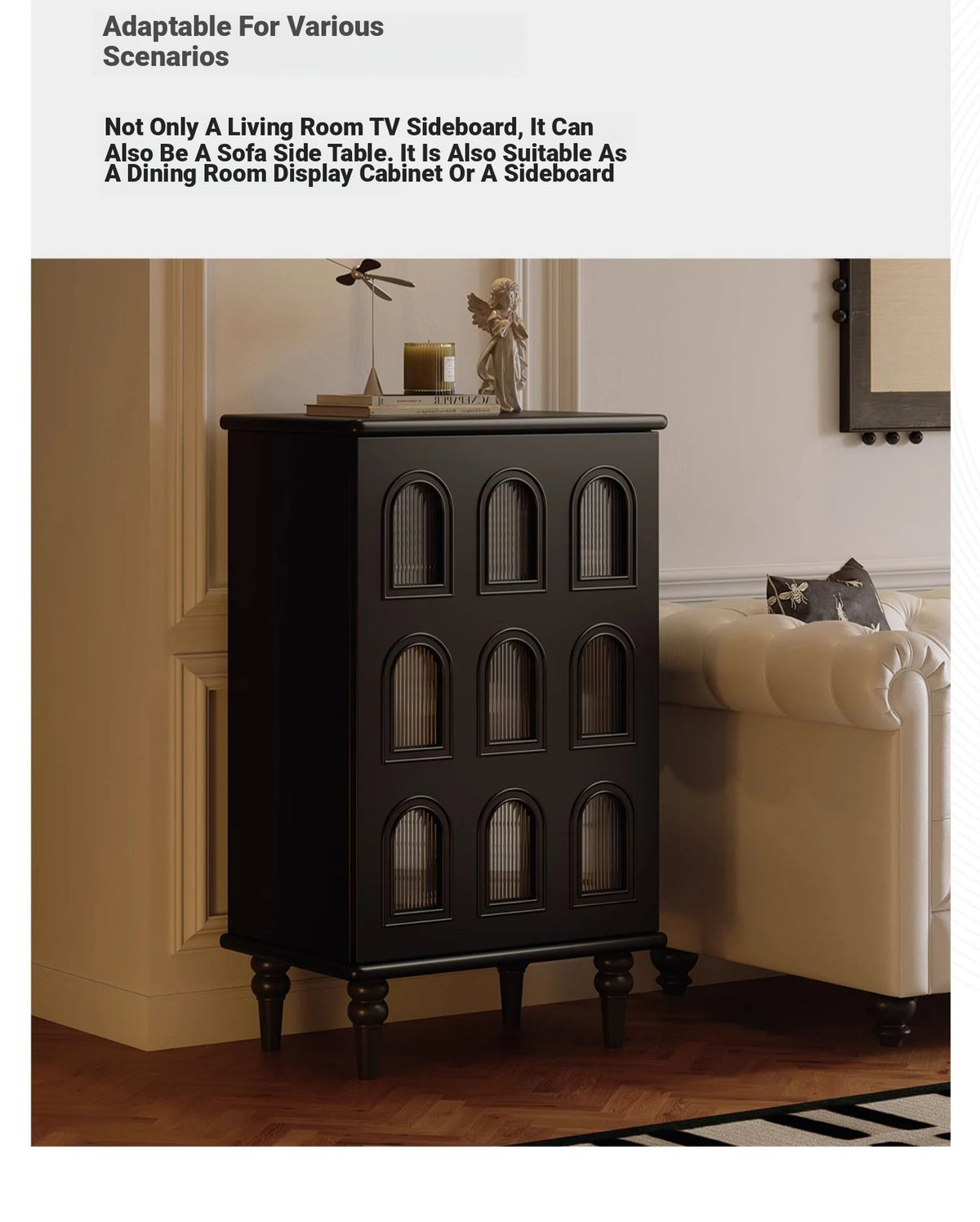Elegant Black Cabinet with Arched Glass Panels - Stylish Storage Solution for Modern Homes fymj-4847
