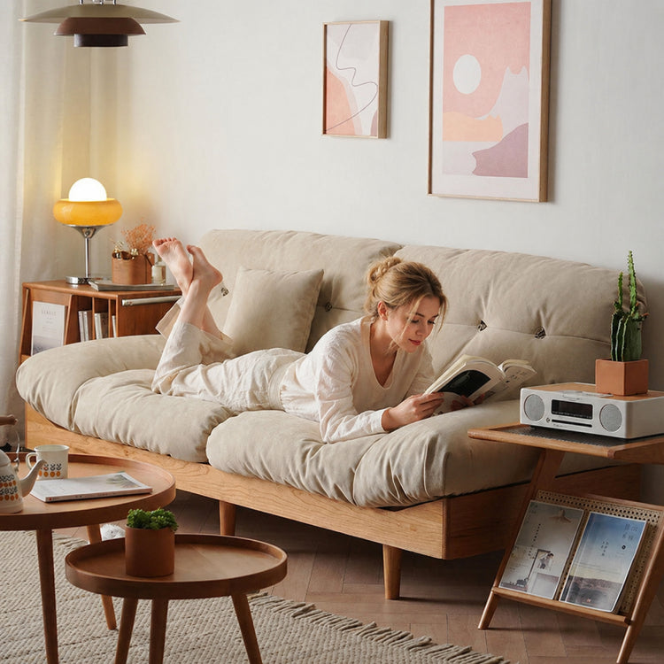 Nordic Cream Style Fabric Sofa, Khaki Straight Couch with Solid Wood Frame for Small Spaces fyx-826