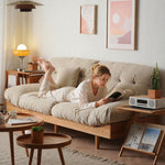 Nordic Cream Style Fabric Sofa, Khaki Straight Couch with Solid Wood Frame for Small Spaces fyx-826