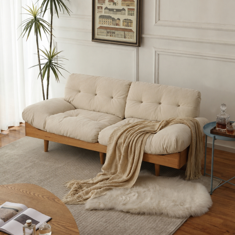 Nordic Cream Style Fabric Sofa, Khaki Straight Couch with Solid Wood Frame for Small Spaces fyx-826