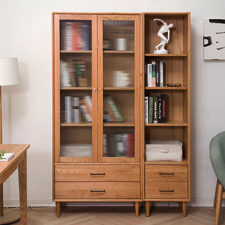 Elegant Brown Cherry and Paulownia Wood Cabinet with Glass and Metal Accents fyx-857
